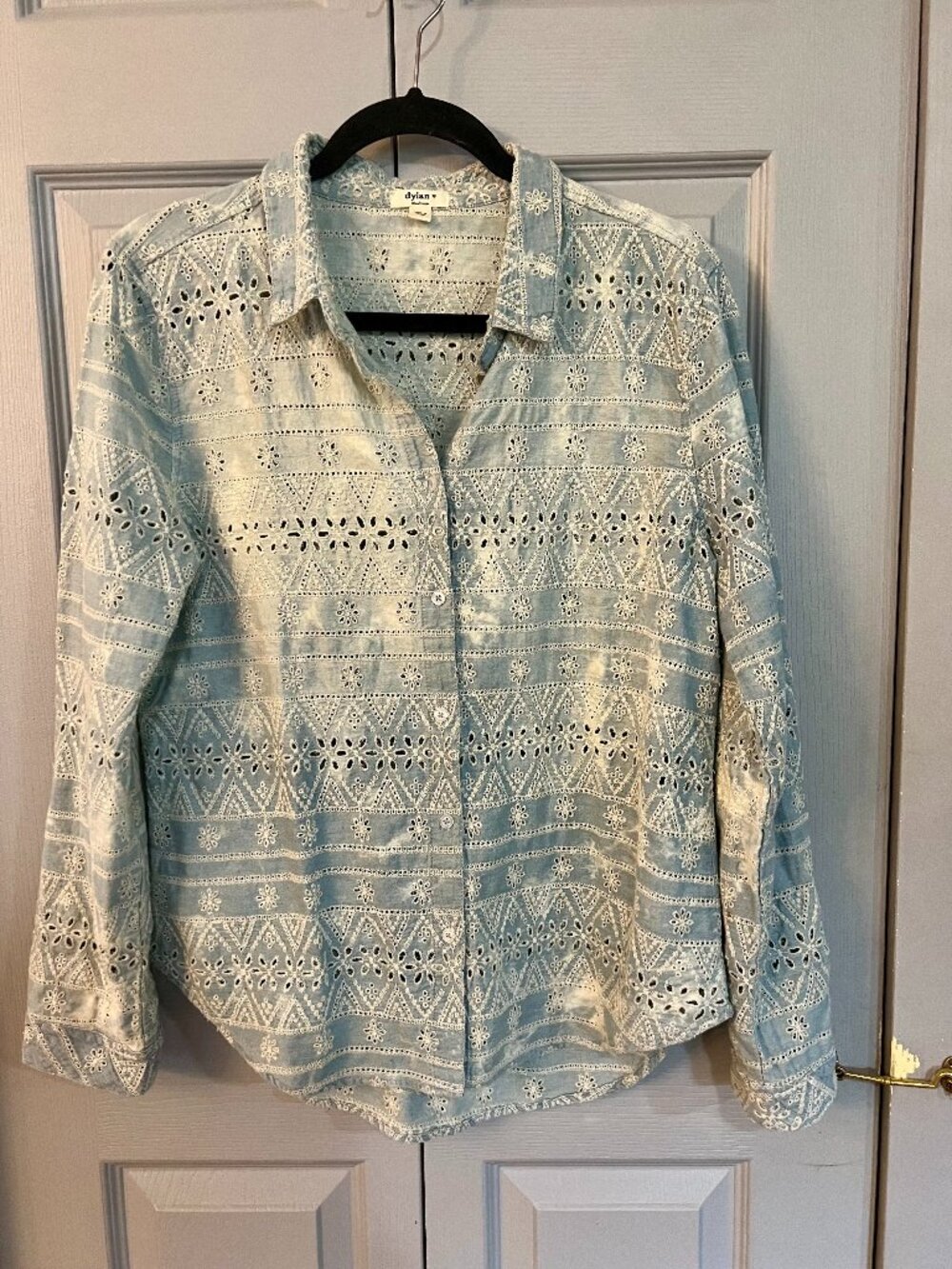 Eyelet Lace Embroidered Denim, Long Sleeve Shirt, by Dylan Size M